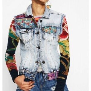Desigual Woven Jean Jacket Floral Print Knit Sleeve Festival Embroidered Denim